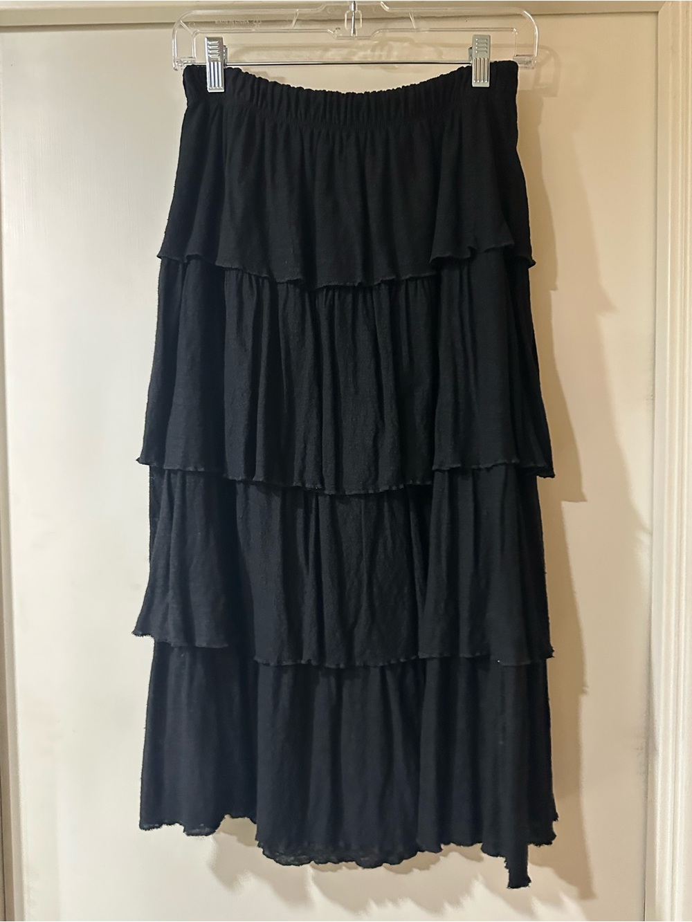 Women's Black Tiered Midi Skirt with Elastic Waist
